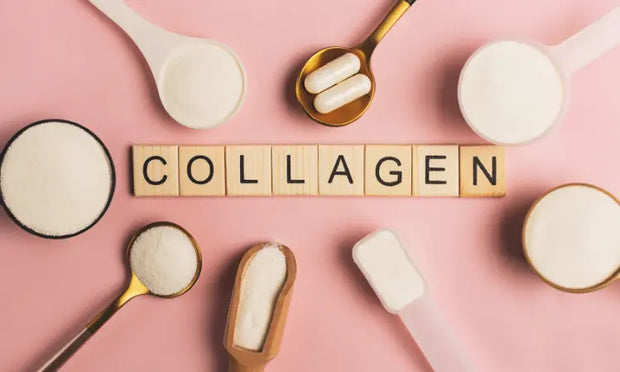 Collagen powder and capsules on a bright kitchen bench in natural daylight.