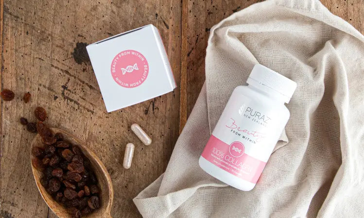 Unbranded bovine collagen powder and capsules on a kitchen bench for a New Zealand collagen buying guide
