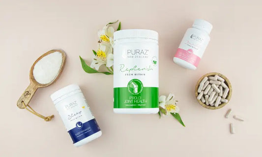 Collagen supplements powder and capsules on a clean kitchen bench in New Zealand