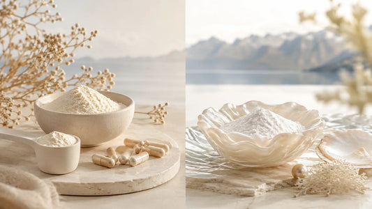 Bovine and marine collagen differences shown with collagen powder, capsules and soft wellness styling