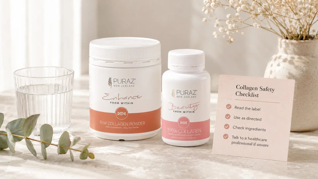 Puraz collagen powder and capsules beside a safety checklist for collagen side effects in NZ