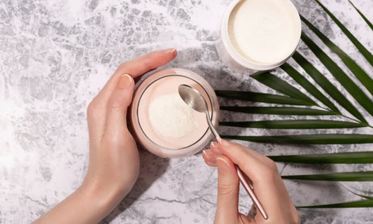 Puraz collagen amino acids guide with collagen powder, vitamin C-rich fruit and simple building block shapes