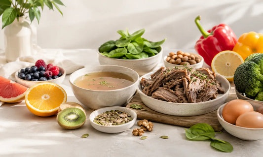 Collagen-supporting foods including bone broth, slow-cooked meat, citrus, kiwifruit, berries, vegetables, eggs, nuts and seeds.