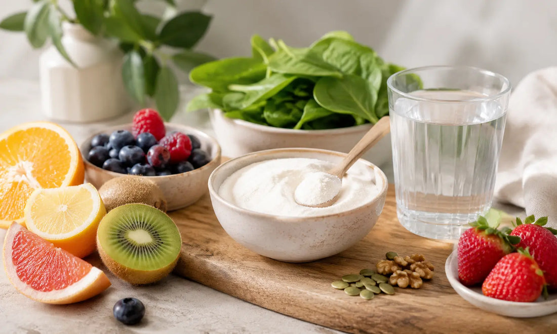 Collagen powder routine with kiwifruit, citrus, berries and leafy greens for a beginner guide to what collagen is