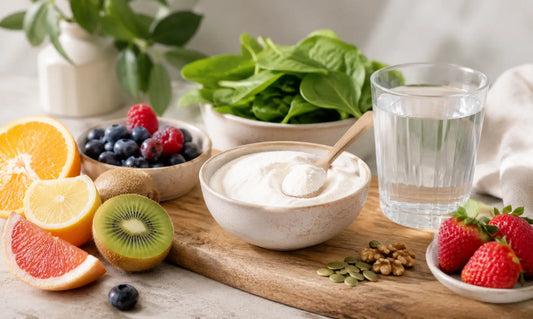 Collagen powder routine with kiwifruit, citrus, berries and leafy greens for a beginner guide to what collagen is