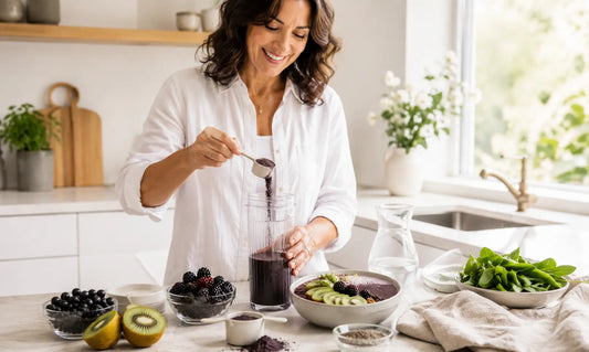 Berry powder smoothie routine with blackcurrants, boysenberries and Puraz Super Berries inspired purple powder on a clean kitchen bench.