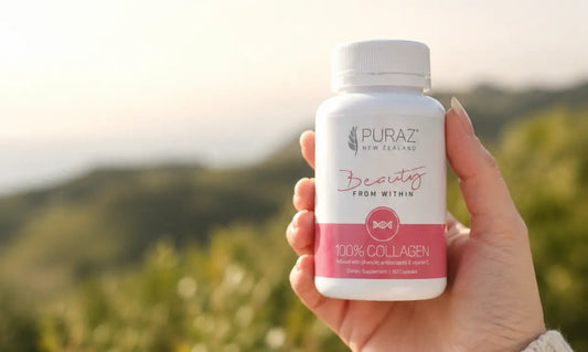 Collagen for skin NZ with capsules, kiwifruit and berries in a clean premium wellness setting
