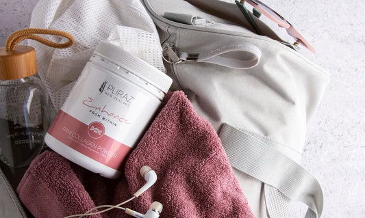 PURAZ RAW Collagen Powder beside a calculator and 30-day calendar illustrating collagen cost per month in NZ