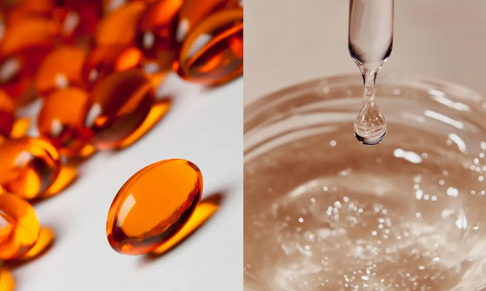 Puraz krill oil softgels beside a breakfast drink with RAW Collagen Powder in a clean New Zealand kitchen