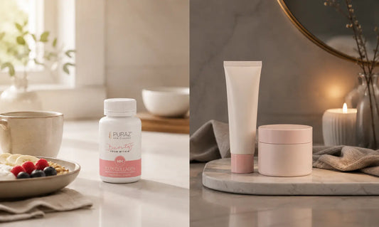 Puraz collagen capsules beside breakfast with retinol and moisturiser arranged for an evening skincare routine