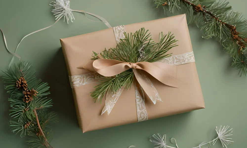 Thoughtful collagen gift idea in New Zealand with a wrapped parcel, soft ribbon, ceramic coffee cup and note card in warm morning light.