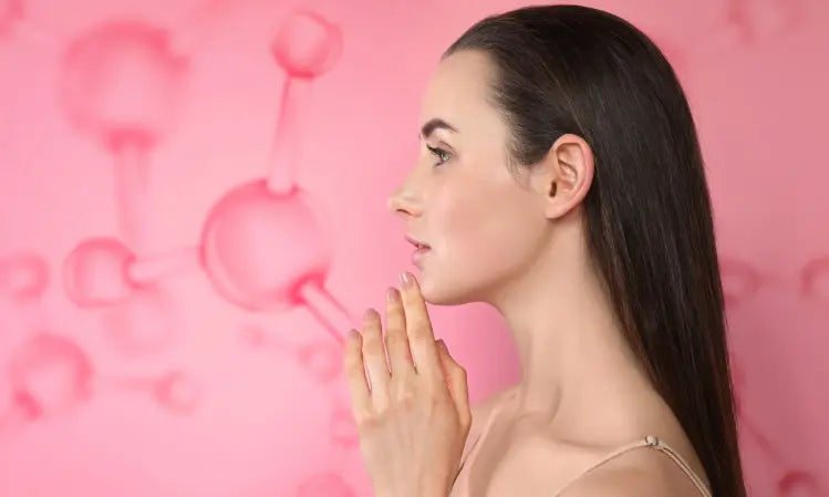 Collagen capsules beside a generic vitamin B7 cue with subtle skin, hair and nail goal icons