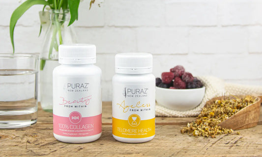 Adult comparing collagen and telomere supplement routines in a bright New Zealand home