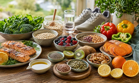 A colourful joint-friendly food spread with oily fish, kiwifruit, berries, greens, kumara, legumes, oats, nuts, seeds and olive oil.