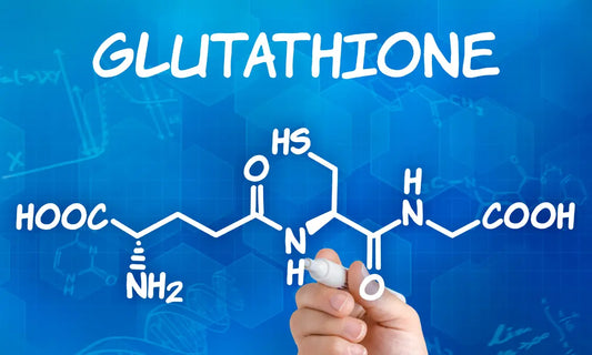 Mature New Zealand adult with healthy natural skin in soft daylight and a subtle cellular antioxidant motif representing glutathione.
