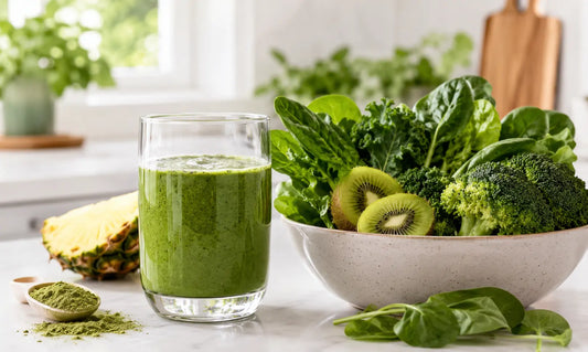 Puraz Super Greens drink beside fresh vegetables showing greens powder as a top-up, not a replacement for whole vegetables.