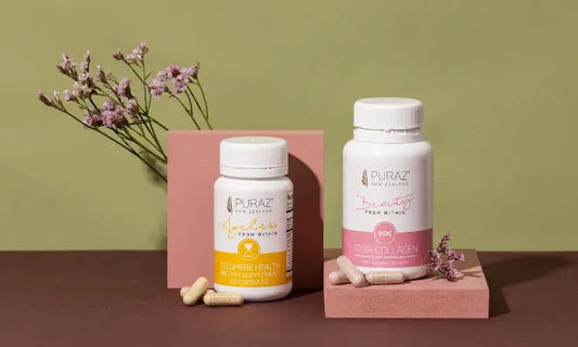 Two supplement labels, capsules and a powder scoop beside an ingredient overlap ledger in a clean New Zealand wellness setting
