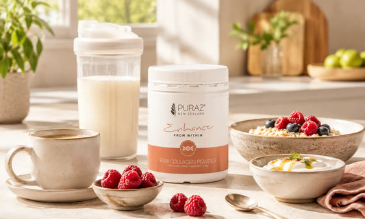 Smooth collagen powder routine with water, coffee, oats, yoghurt and smoothie ingredients on a kitchen bench