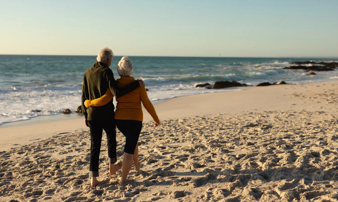 Active adults over 50 walking outdoors as part of a joint health, mobility and active ageing routine