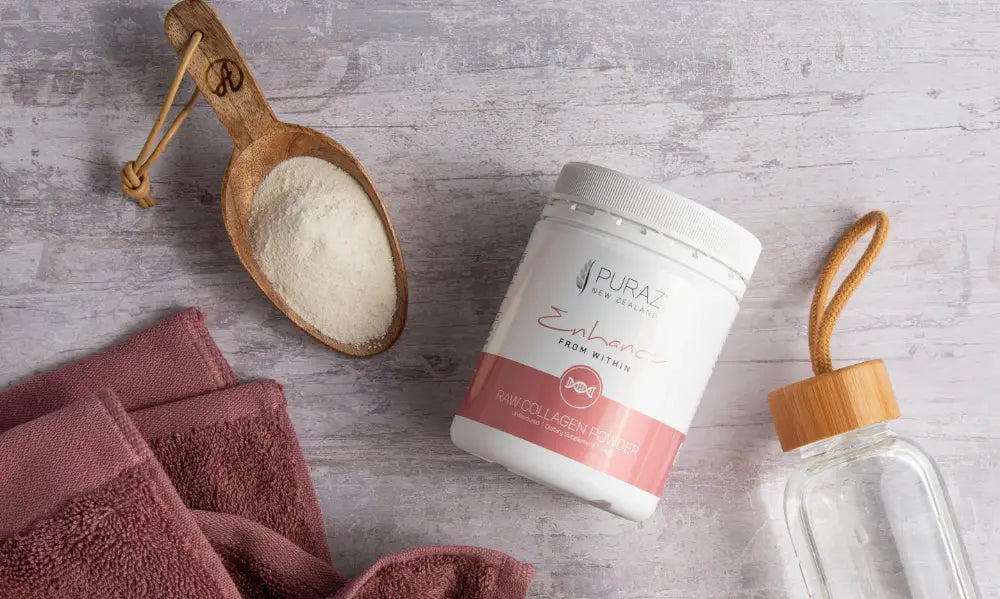 Puraz RAW Collagen Powder beside black coffee and a scoop of collagen on a light kitchen benchtop