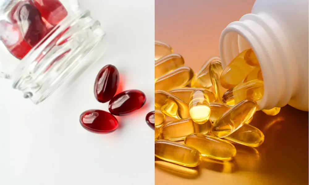 Amber fish-oil softgels and deep red krill-oil softgels arranged for an omega-3 supplement comparison