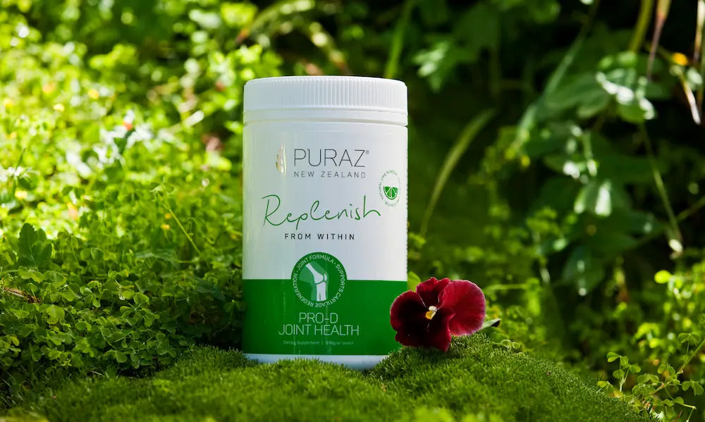 Puraz PRO-D NZ made joint supplement powder beside a glass of water in a New Zealand home setting