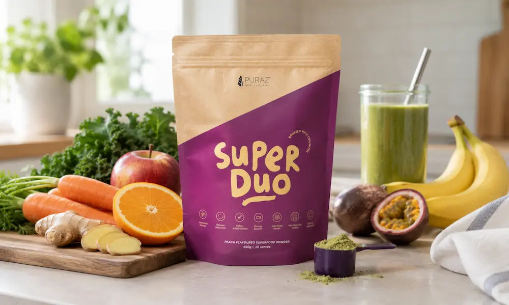 Non-stimulant daily energy support with greens, berries and a peach-toned Puraz superfood drink
