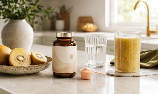 Probiotic powder scoop and capsule bottle comparison for NZ gut health routine