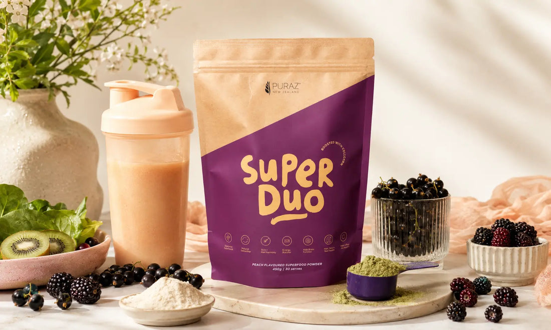 Puraz superfood powder for skin routine with berries, greens, collagen peptides and a peach-toned shaker