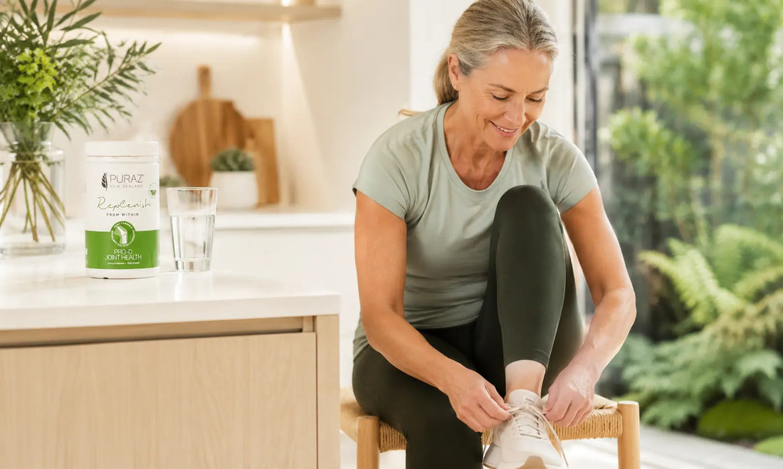 Active adult preparing for a walk beside a daily joint support routine, representing collagen vs glucosamine for joints.
