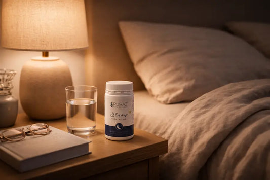 Bedside table with unbranded sleep supplement bottle, water glass, and warm lamp light in a calm bedroom