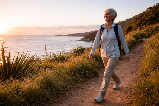 Active older adult walking comfortably on a coastal track in New Zealand at sunrise.