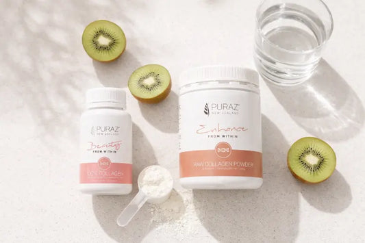 Collagen powder with a scoop beside a glass of water and kiwifruit on a bright kitchen bench