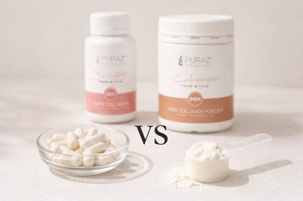 Minimalist flat-lay of collagen capsules and tablets in a clean wellness setting with soft natural light.