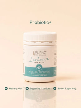 Puraz Probiotic+ supplement bottle for digestive balance and immunity