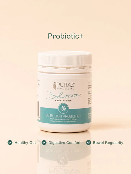 Puraz Probiotic+ supplement bottle for digestive balance and immunity