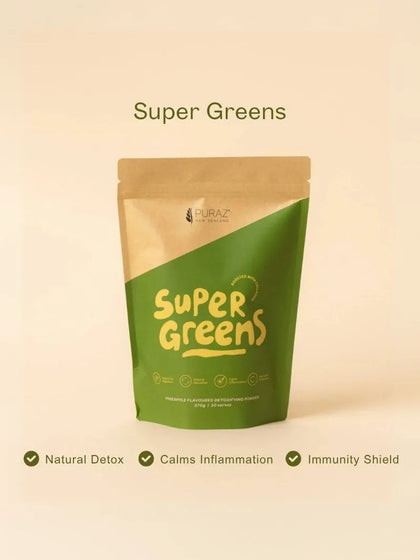 Puraz Super Greens superfood powder pouch for energy and gut health