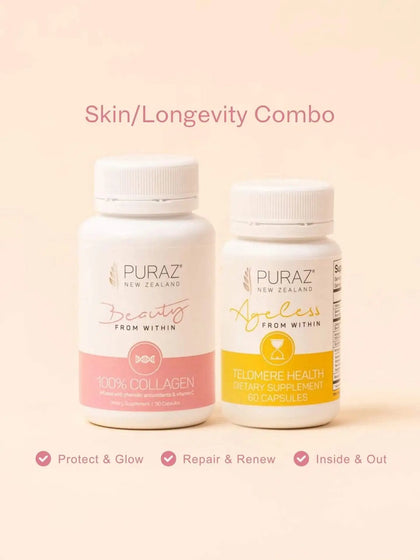 Puraz Skin/Longevity Combo with collagen and Telomere Health bottles