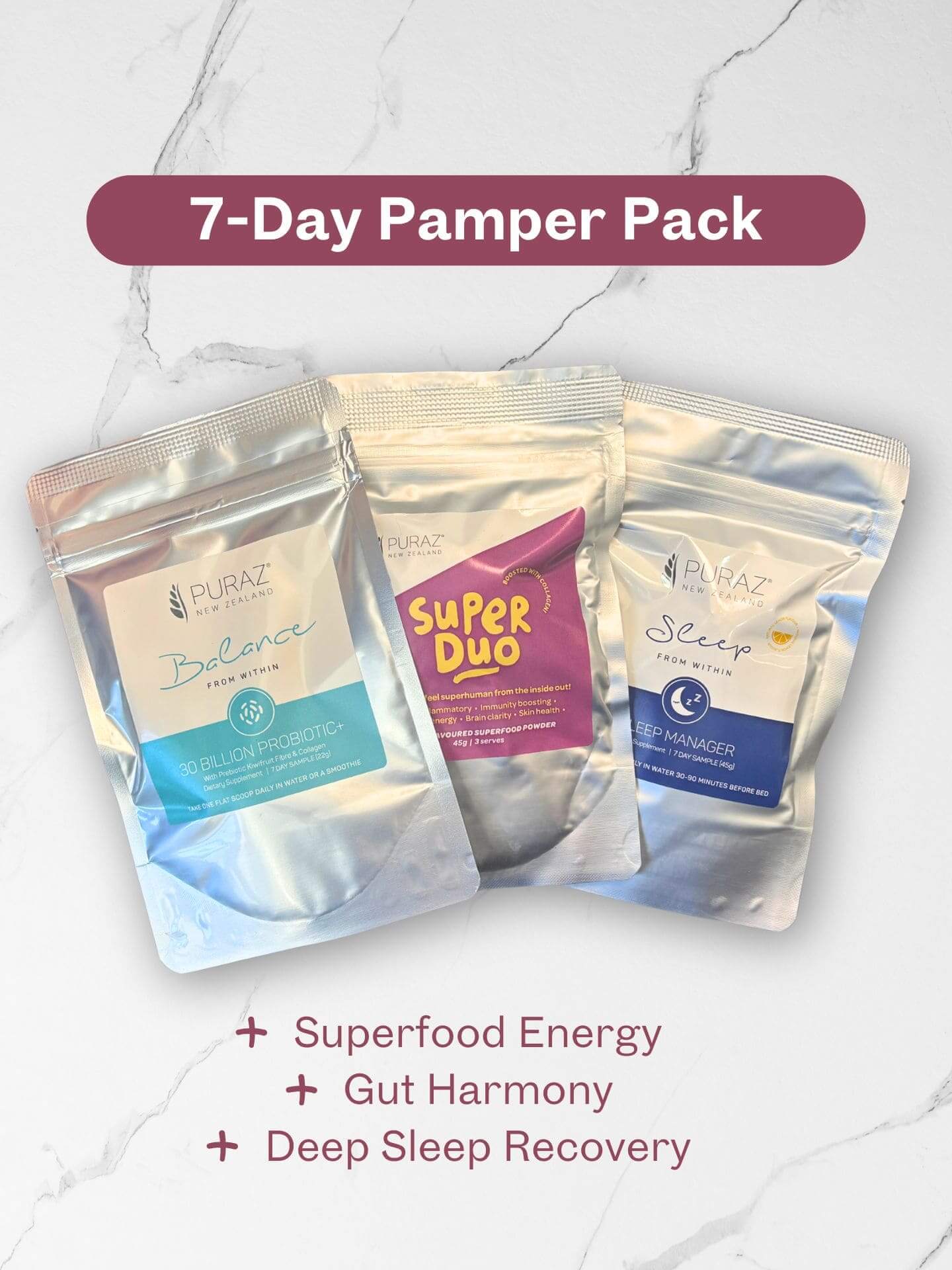 Puraz 7-Day Pamper Pack with Balance, Super Duo and Sleep Manager sachets
